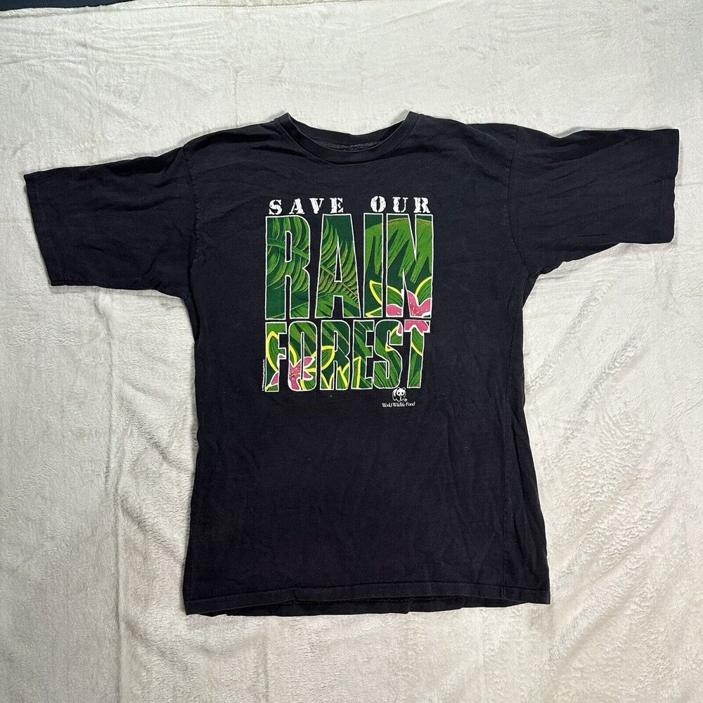 VTG WWF Save Our Rainforest Shirt Black Mens Size Medium World Wildlife Fund 90s
